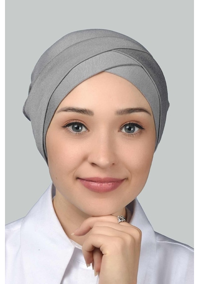 Altobeh Dört Bantlı Çapraz Dış Tesettür Bonesi Hazır Türban Penye - Gri