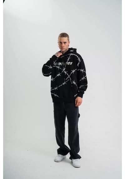 Polızeı Premium Kalite Kapşonlu Varak Ve Pano Baskılı Sweatshirt - Siyah
