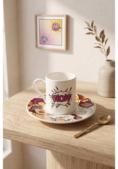 12 Parça 6 Kişilik Porselen Pop Art Kahve Fincan Takımı 100ml Beyaz
