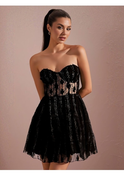Fashion Cocktail Kabartma Kumaş Kabarık Etek Transparan Tül Straples Tütü Gece Party Prenses Elbise Siyah Fashion Cocktail Kabartma Kumaş Kabarık Etek Transparan Tül Straples Tütü Gece Party Prenses Elbise Siyah
