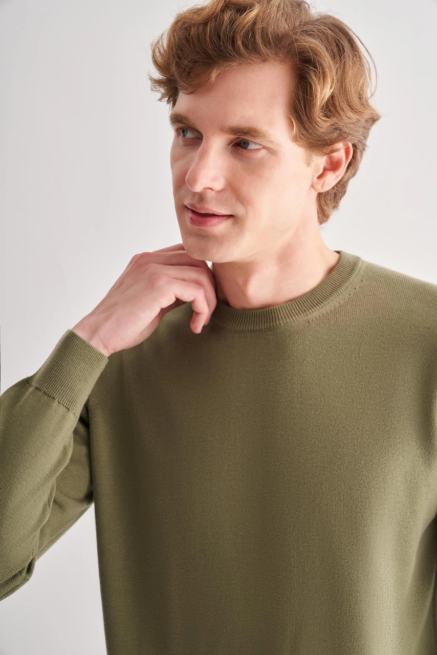 İmza Açık Yeşil Bisiklet Yaka Cepsiz Comfort Fit Classic Yünlü Triko Kazak 1012255006 Açık Yeşil
