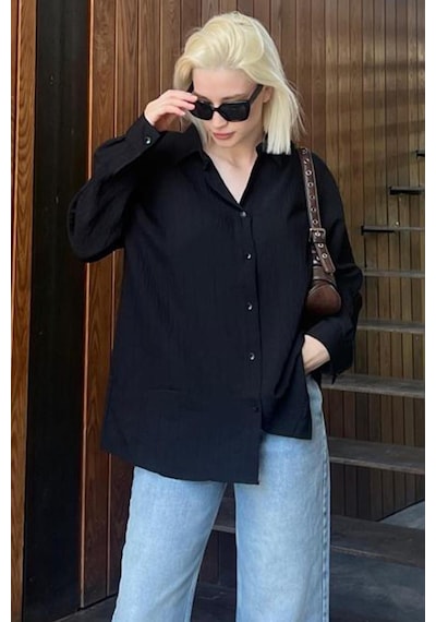 Madmext Siyah Uzun Kollu Çizgili Oversize Gömlek Mg2080-siyah Siyah
