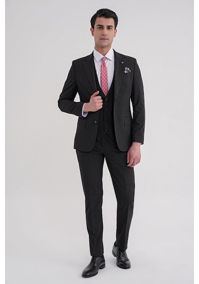 Efor Slim Fit Çift Yırtmaç Ekoseli Esnek Yünlü Yelekli Klasik Siyah Takım Elbise Tk 934 Siyah Efor Slim Fit Çift Yırtmaç Ekoseli Esnek Yünlü Yelekli Klasik Siyah Takım Elbise Tk 934 Siyah