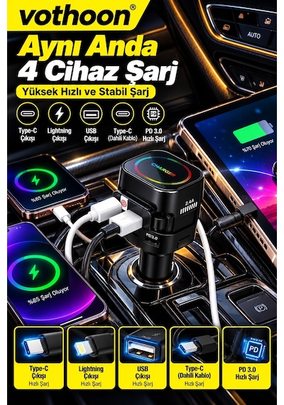 Zenvia 4 Ü 1 Arada 66w Araç Şarj Cihazı Çift Kablolu Araç İçi Çakmaklık Hızlı Şarj Cam Kırma Çakmak Öz
