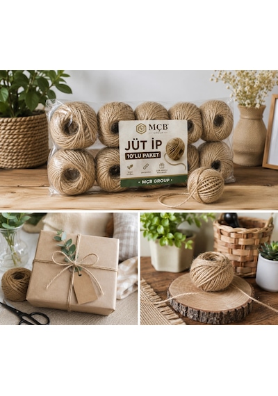 Jüt İp 10 Lu Paket 150 Metre Doğal Hasır İp Kendir İpi Dekoratif Süsleme Hediye Paketleme Makrome İp