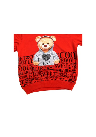 DİJİTAL  AYICIK ve YAZI BASKILI 2 İPLİK  KAPŞONLU KIZ SWEATSHIRT Kırmızı