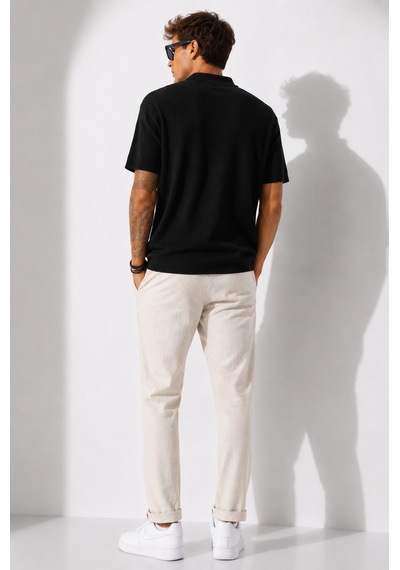 Ribana Erkek Kısa Kollu Fitilli Yarım Düğme Kapama Polo Yaka T-shirt 26001 Siyah