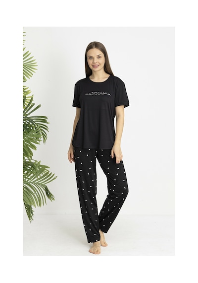Estiva Kadın Kalp Alt Desenli Kısa Kollu Soft Pijama Takımı Siyah