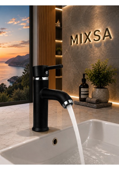 Siyah Lüx Premium Pirinç Sabit Lavabo Bataryası Özel Tasarım Çift Su Girişli Lavabo Bataryası Çeşmesi Musluğu