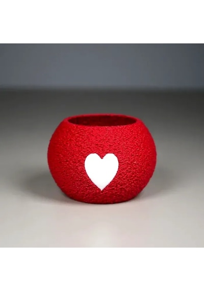 3d Baskı Kalpli Mini Saksı - Kırmızı Beyaz Dekoratif Saksı