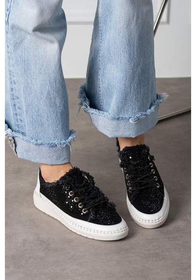 Aria 2410 Kadın Taşlı Kot Sneaker Ayakkabı Siyah Siyah