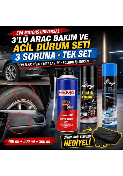 Eva Motors Universal 3 Lü Araç Bakım Ve Acil Durum Seti Siyah Vinil Eldiven li