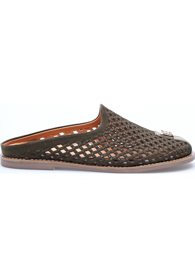Analin Shoes Kadın Hakiki Deri Delikli Günlük Rahat Terlik Haki