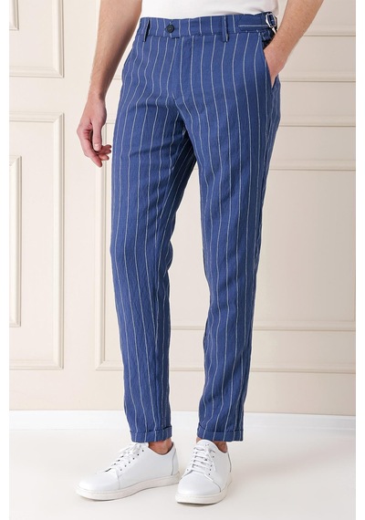 Efor Comfort Fit Yandan Tokalı Çizgili Keten Casual İndigo Pantolon P 1151 İndigo