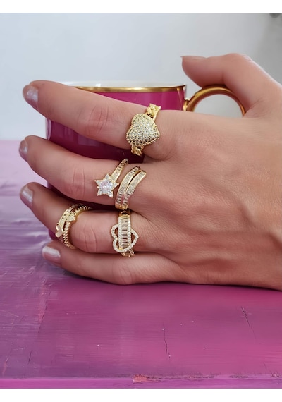 Eva Takı Store Kalp Figürlü Yarım Tur Formlu Ayarlanabilir Gold Renk Çelik Yüzük Gold