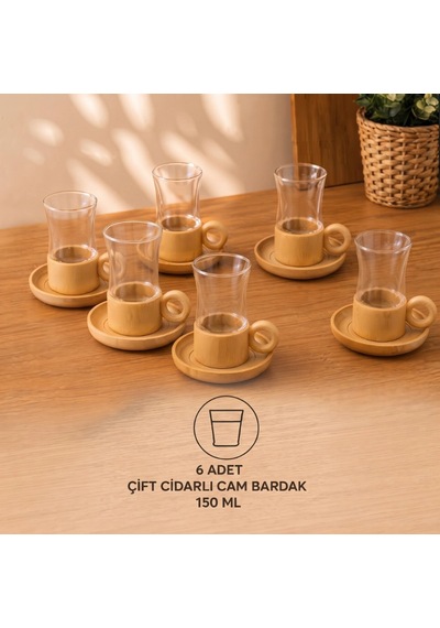 Özel Üretim Şık Isı Korumalı 12 Parça Çay Seti Bambu Bardak Altığı Çift Cidarlı Cam 150 Ml çok renkli