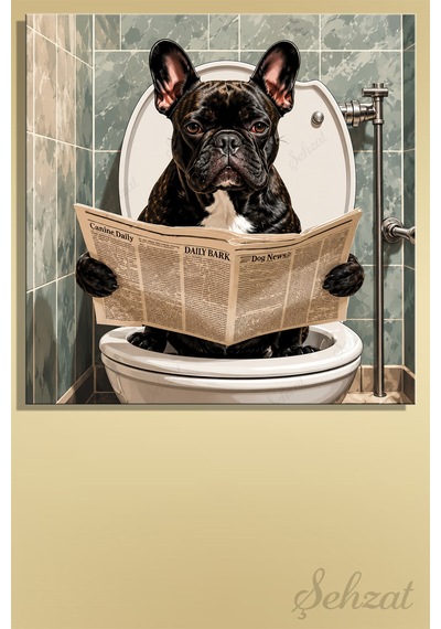 Kare Kanvas Duvar Tablosu Banyo Koridor Kafe Veteriner Ofis Cafe Tuvalette Gazete Okuyan Bulldog Çok Renkli