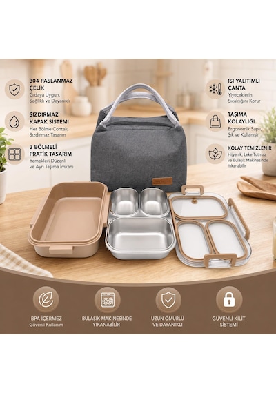 Valkyrie 304 Paslanmaz Çelik 3 Bölmeli Kahve Lunch Box Termal Çantalı Sızdırmaz Kapaklı Beslenme Kabı, Valkyrie 304 Paslanmaz Çelik 3 Bölmeli Kahve Lunch Box Termal Çantalı Sızdırmaz Kapaklı Beslenme Kabı,