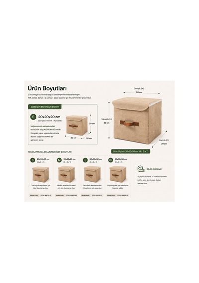 Kapaklı Jüt Saklama Kutusu 20x20x20 Cm Katlanabilir Dolap Düzenleyici Raf Organizer Doğal