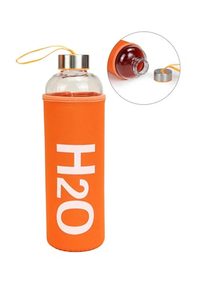 H2o Sağlıklı Cam Matara 1000 Ml Su Şişesi, Pastel Renk Kılıflı 1 Lt Sporcu Suluğu Turuncu