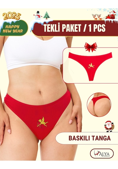 Alya Underwear Yeni Yıl Temalı Baskılı String, Kırmızı Tanga Külot Aşk Tanrısı Tekli Paket Kırmızı At Baskılı