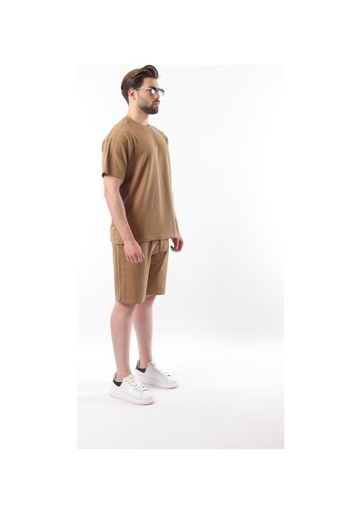 Madmext Kapüçino Overfit Baskılı Erkek Şort T-shirt Takım E7302 Kapuçino Sütlü Kahverengi