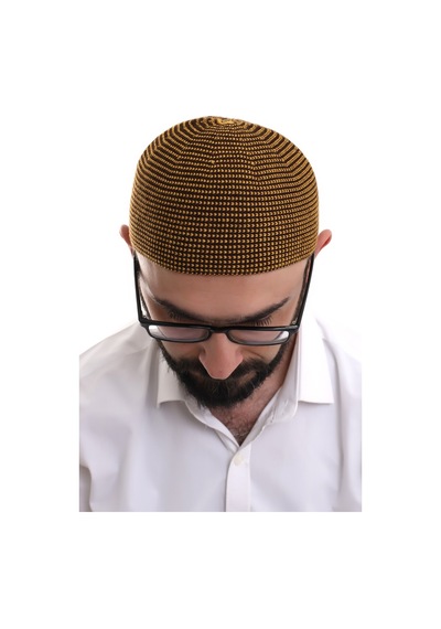 Hardal Kışlık Nokta Desenli Orlon Namaz Takkesi Sarı