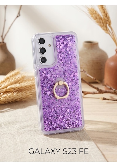 Flody Samsung Uyumlu Galaxy S23 Fe Kılıf Sulu Simli Akışkan Silikon Yüzüklü Mor