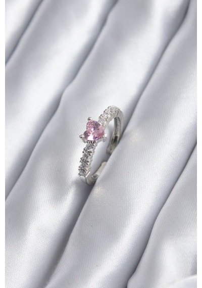 Gümüş Renk Zirkon Taşlı Pembe Kristal Kalp Model Kadın Yüzük - Çok Renkli