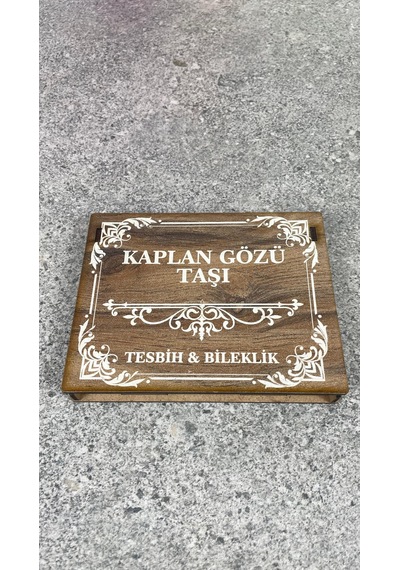 Kaplan Gözü Taşı Tesbih Ve Doğal Taş Bileklik Seti Özel Ahşap Hediye Kutulu Kahverengi