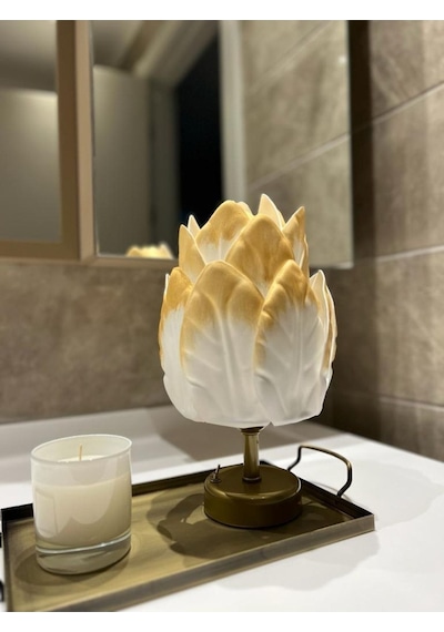 Dekor Yapay Eva Yaprak Desen Kablosuz Masa Lambası Üst Gold-alt Eskitme Gold 9v Pil 75-90 Saat