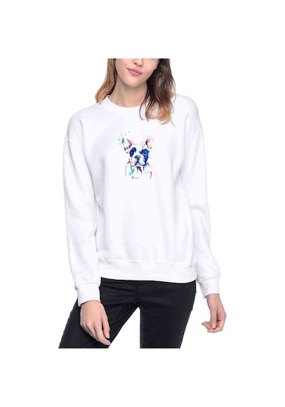 Watercolor Bulldog Baskılı Beyaz Kadın Sweatshirt