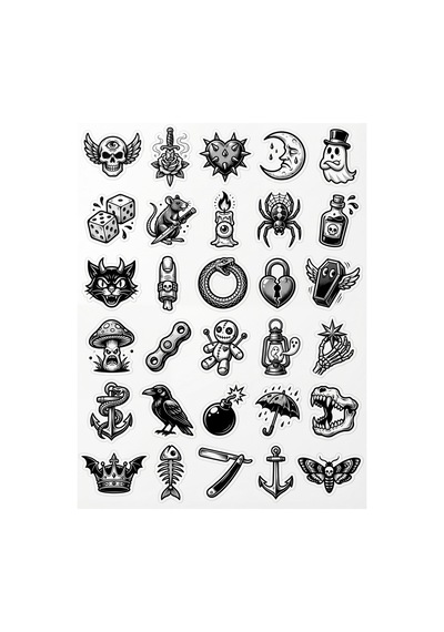 30 Adet Siyah Beyaz Gotik Dövme Sticker Seti - Laptop Telefon Defter Kaykay İçin