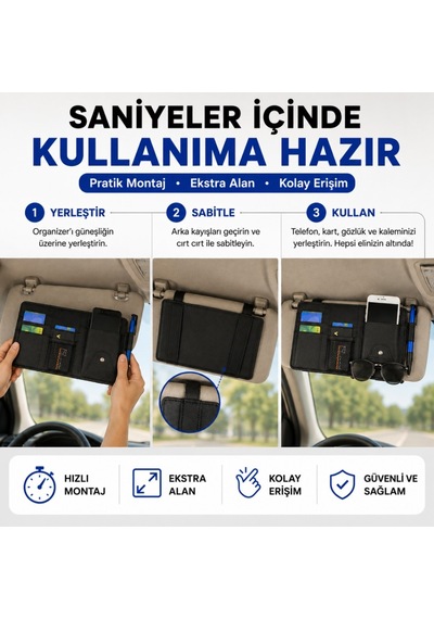 Polham Çok Fonksiyonlu Araç Güneşlik Cüzdanı Organizer Telefon, Kart, Gözlük Ve Kalem Bölmeli Organizer