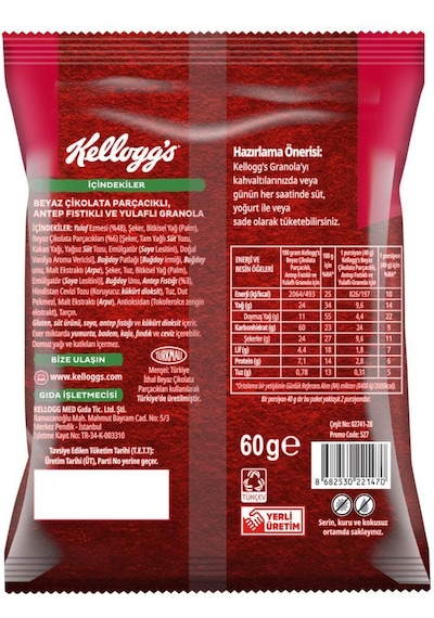 Kellogg's Beyaz Çikolata Parçacıklı Antep Fıstıklı Granola 10 x 60 G