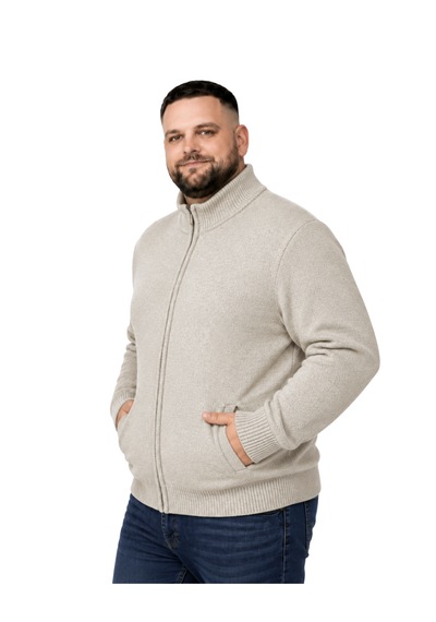 Battalmoda Erkek Büyük Beden Koyu Bej Hattush Dik Yaka Cepli Triko Hırka 3xl-4xl-5xl-6xl