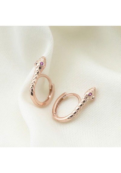 Yılan Kırmızı Zirkon Taşlı Rose Gold Kaplama Gümüş Küpe Gümüş
