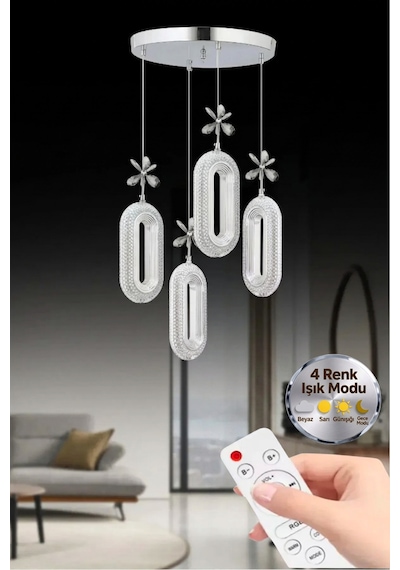 LumiaLighting Eclipse Model 4'lü Gümüş Kumandalı 3 Renk Modu Ledli Kristal Taşlı Modern Salon Mutfak Oturma Odası Led Avize