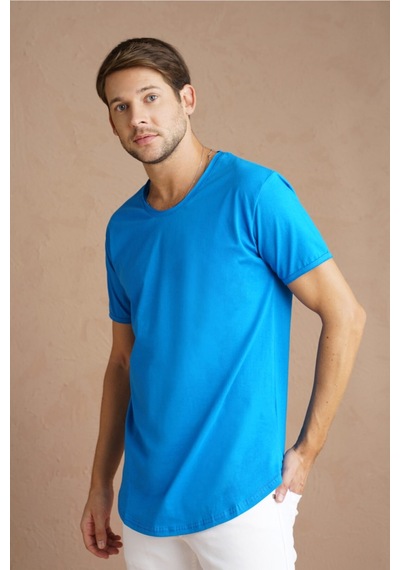 Cool Tarz Saks Erkek Oval Kesim Slim Fit Pis Yaka Salaş T-shirt Saks Saks