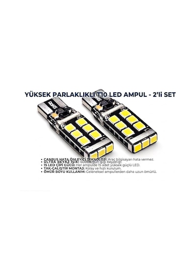 T10 W5w Canbus Led Ampul, 12v, Saf Beyaz, Park Ve İç Aydınlatma, Kristal Parlaklık, Arıza Lambası Yakmaz, 2 Adet