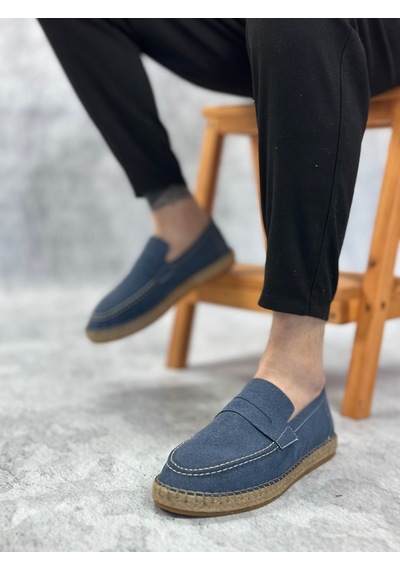 Ba0359 Boa Doğal Deri Tozu Bağcıksız Kauçuk El Yapımı Espadril Taban Mavi Renk Erkek Ayakkabı Mavi