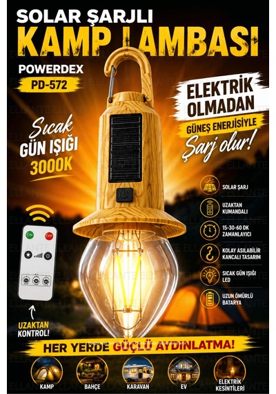 Solar Şarjlı Kamp Lambası Uzaktan Kumandalı 15-30-60 Dk Zamanlayıcı Sıcak Gün Işığı Led Askı Çok Renkli