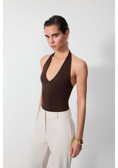 Vatkalı Derin V Yaka Bodysuit-16647 Kahverengi