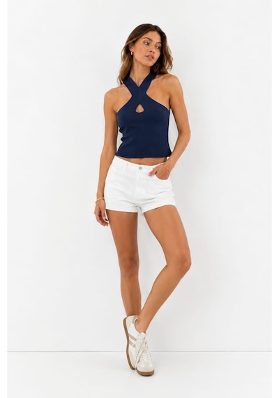 Onno Style Women Kolsuz Askılı Çapraz Yaka Triko Kadın Bluz Lacivert