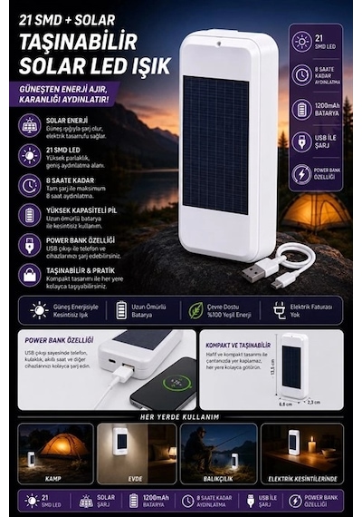 Powerbank Güneş Enerjili Kamp Tipi Fenerli Yüksek Kapasiteli Taşınabilir Solar Led Powerbank Çok Renkli