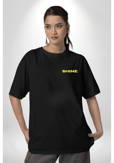 Parlayan Siyah Kedi Siyah Oversize Unisex Ön Ve Sırt Baskılı Tişört Siyah
