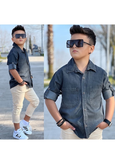 Modavals Tensel Denim Gömlek Gabardin Pantolon Erkek Çocuk Alt & Üst Takım Siyah