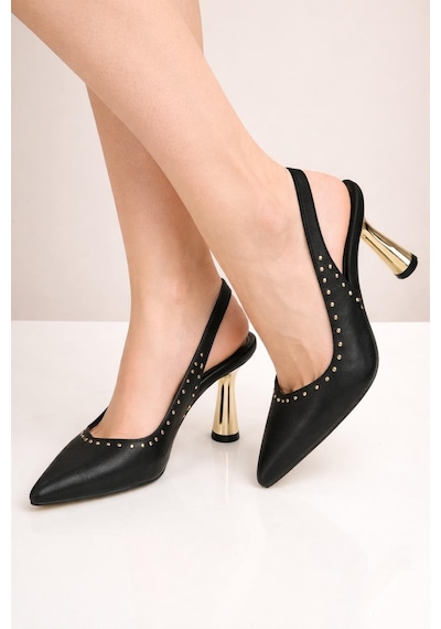 Modaonn Kadın Sivri Burun Zımbalı Slingback İnce Topuk Ayakkabı Siyah