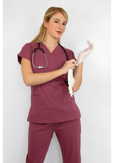 Unisex Gül Kurusu Renk Likralı Doktor Hemşire Cerrahi Scrubs Tek Üst Forma Gül Kurusu Gül Kurusu