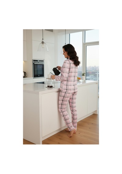 Bravie Luxury Viscose Pembe Ekose Desenli Büyük Beden Kadın Pijama Takımı 42531